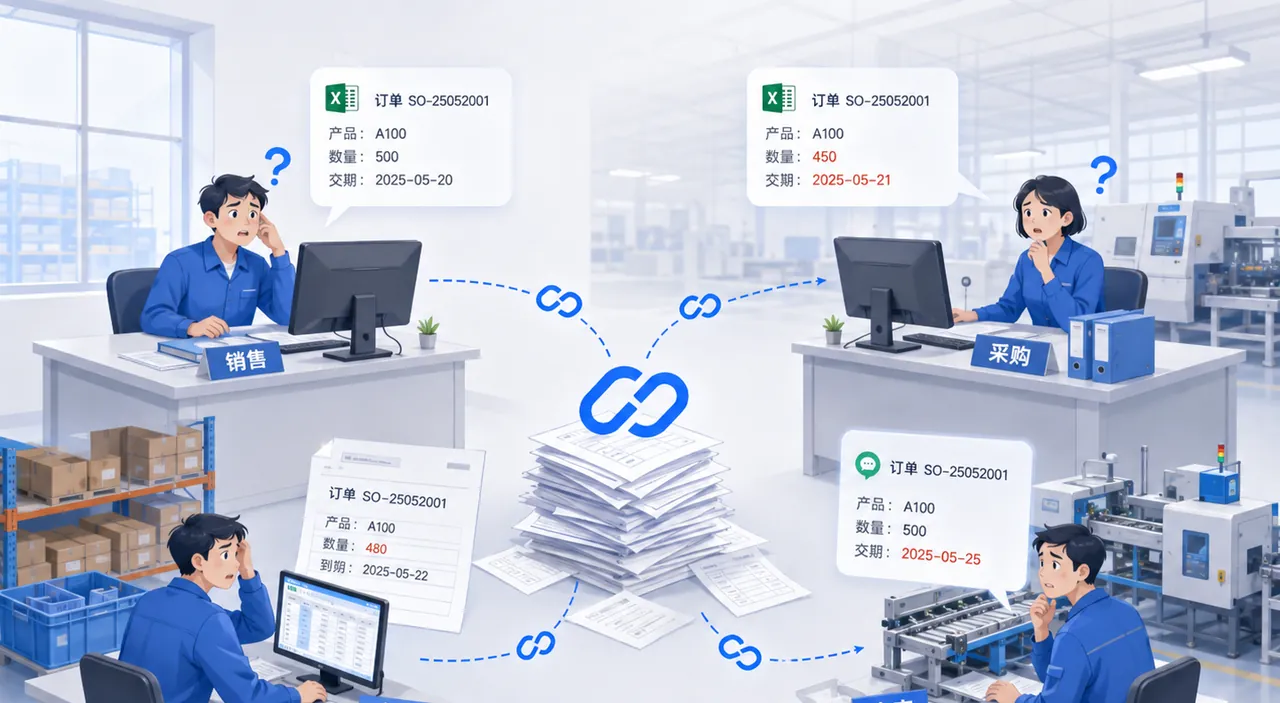 部门信息不同步 · 示意图：销售、采购、仓库、生产各自记录，同一订单多个版本