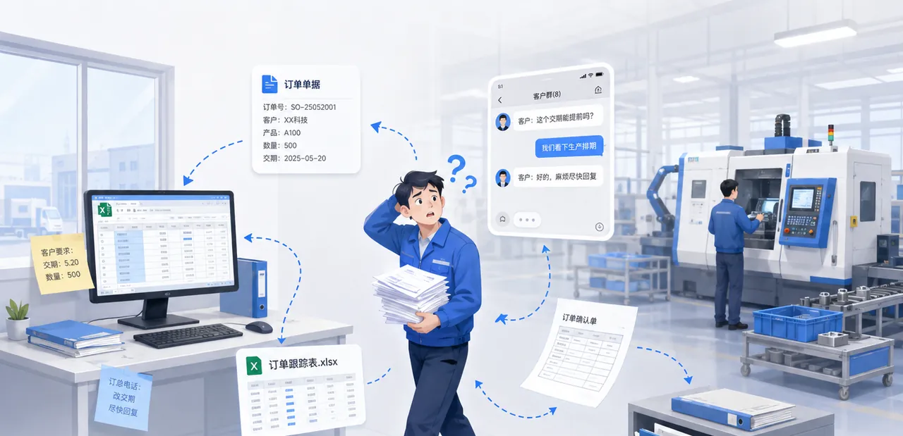 订单信息散落 · 示意图：报价、订单、交期散落在 Excel、单据和聊天记录中
