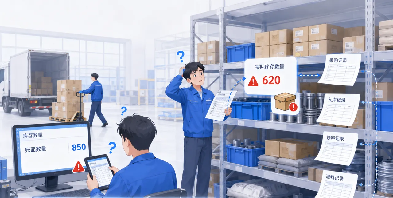库存数量不准确 · 示意图：账面数量与仓库实物经常对不上